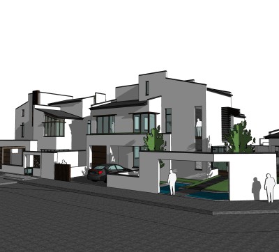 新中式连排别墅su模型下载，sketchup别墅草图大师模型