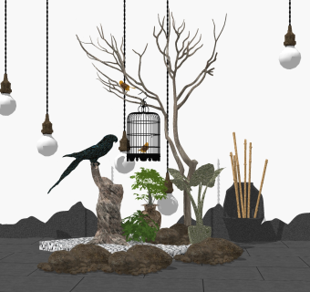 现代枯山水园艺小品草图大师模型，枯山水园艺小品sketchup模型下载