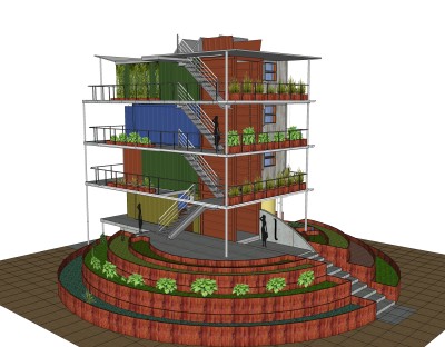 现代集装箱改造房sketchup模型，集装箱房屋草图大师模型下载