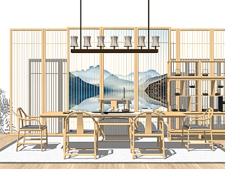 新中式实木茶桌椅组合su模型，茶桌sketchup模型下载