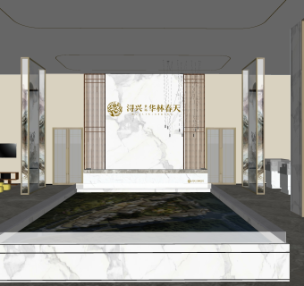 新中式售楼处草图大师模型，销售中心skp模型下载