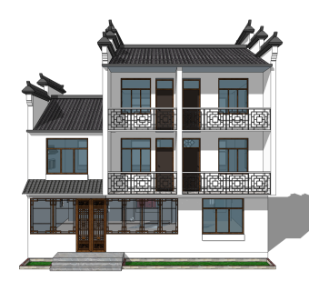 新中式徽派建筑草图大师模型，古建民俗sketchup模型免费下载