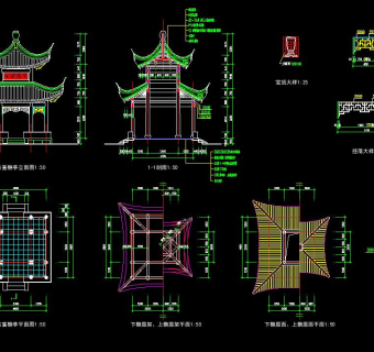 四方重檐亭CAD全套施工图，四方重檐亭CAD图纸下载