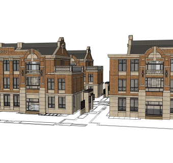 新中式别墅建筑，连排叠加别墅，SU模型免费下载