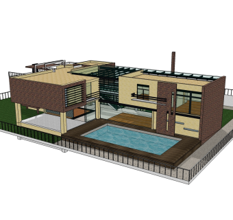 现代泳池别墅草图大师模型，别墅SU模型下载