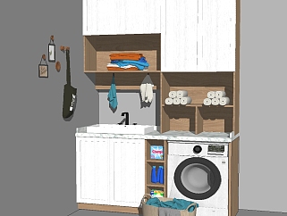 现代阳台洗衣机洗手台组合柜su模型，柜子草图大师模型...