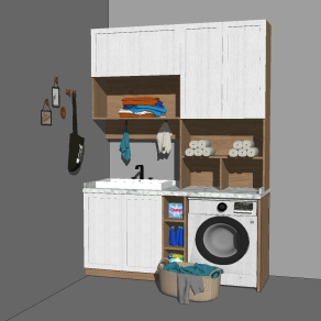 现代阳台洗衣机洗手台组合柜su模型，柜子草图大师模型下载