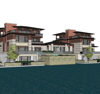 连排中式别墅草图大师模型，别墅sketchup模型