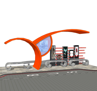 现代公交候车亭免费su模型，公交候车亭草图大师模型下载