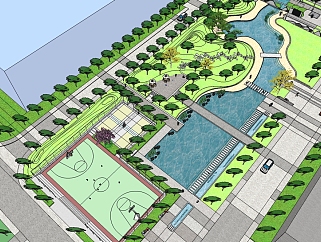 办公空间花园区景观su模型、网球场绿化景观草图大师模型下载