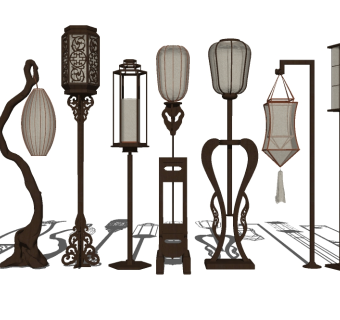 中式实木落地灯组合草图大师模型，实木落地灯组合sketchup模型下载