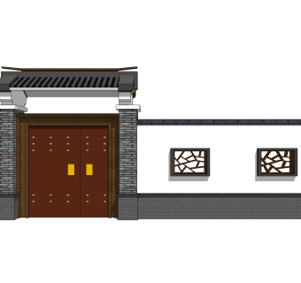 中式院门院墙草图大师模型，院门院墙sketchup模型免费下载