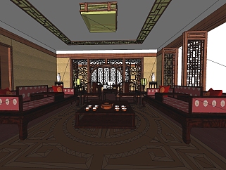 新中式客厅sketchup免费模型下载，客厅草图大师模型...
