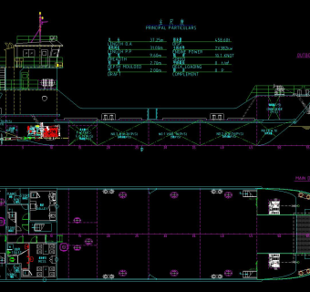 37M自航甲板驳船设计图纸，甲板驳船CAD图纸下载