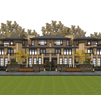 中式联排别墅su模型，别墅skb文件下载