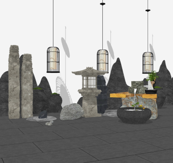 中式枯山水园艺小品草图大师模型，枯山水园艺小品sketchup模型下载