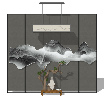 新中式背景墙su模型，背景墙草图大师模型下载