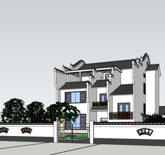 新中式独栋别墅su模型免费下载，别墅sketchup模型下载