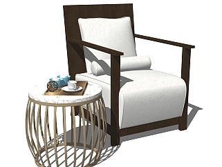 新中式实木单人沙发免费su模型，单人沙发skp模型下载