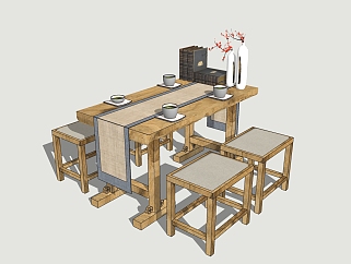 中式洽谈<em>方</em>木桌椅组合su模型，简约洽谈桌sketchup模型...