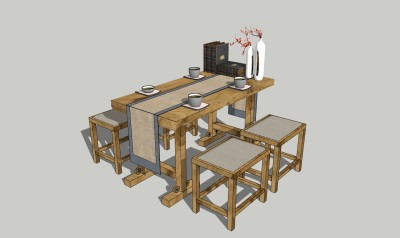 中式洽谈方木桌椅组合su模型，简约洽谈桌sketchup模型下载