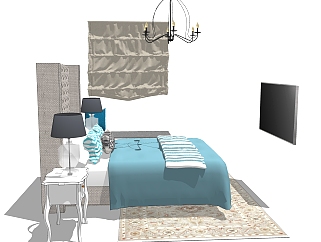 北欧次卧室家具su模型，卧室<em>床具</em>灯具草图大师模型下载