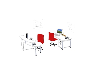 现代白色办公桌su模型，办工桌sketchup模型下载