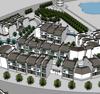新中式小区住宅su模型下载、小区住宅草图大师模型下载