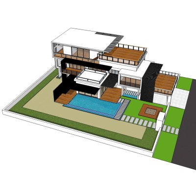 欧式泳池别墅草图大师模型，别墅SU模型下载
