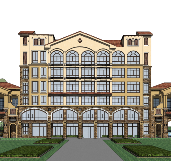 欧式酒店外观草图大师模型，酒店外观sketchup模型免费下载