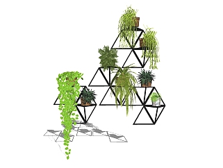 现代花架盆栽组合sketchup模型，绿墙花架草图大师模型下载