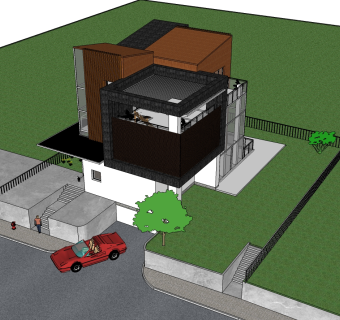 现代风格泳池别墅草图大师模型，别墅SU模型下载