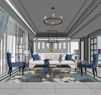 美式轻奢客餐厅su模型，客餐厅沙发茶几灯具组合草图大师模型下载