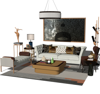 现代轻奢沙发组合su模型，沙发茶几电视柜组合skp模型下载
