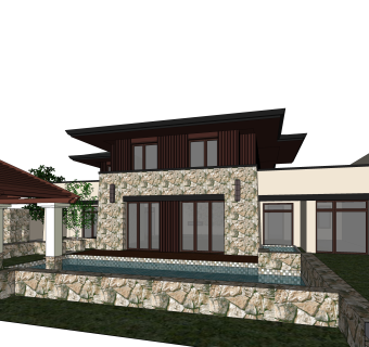 新中式独栋别墅草图大师模型，sketchup别墅su模型下载