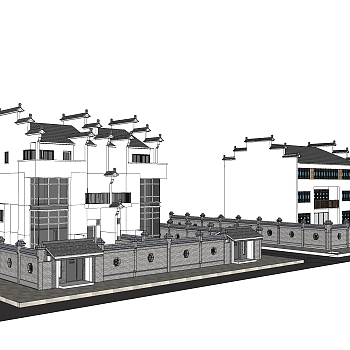 新中式徽派建筑草图大师模型，古建民俗sketchup模型免费下载