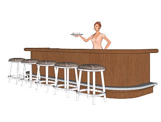 现代实木吧台su模型，家庭装修小酒吧草图大师模型下载