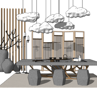 中式茶桌椅组合su模型，简约 茶桌sketchup模型下载