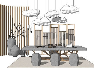 中式茶桌椅组合su模型，简约 茶桌sketchup模型下载