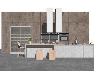 现代厨房橱柜吧台组合su模型，橱柜草图大师模型下载