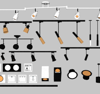 现代筒灯射灯吊灯组合su模型，吊灯sketchup模型下载