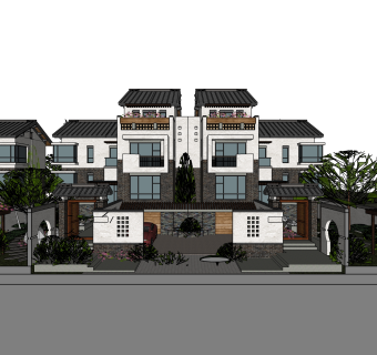 新中式连排别墅su模型下载，别墅草图大师模型分享