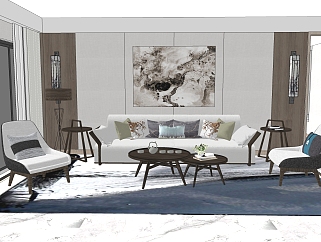 新中式简约客厅卧室su模型，客厅沙发桌椅<em>茶几组合</em>草图...