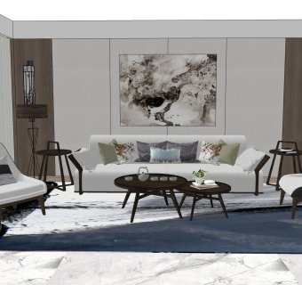 新中式简约客厅卧室su模型，客厅沙发桌椅茶几组合草图大师模型下载