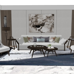 新中式簡約客廳臥室su模型，客廳沙發桌椅茶幾組合草圖大師模型下載