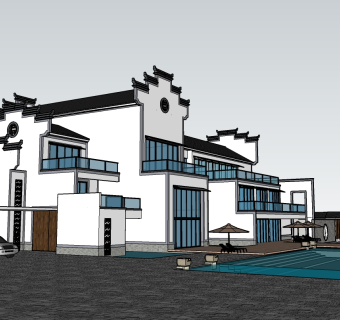 中式别墅草图大师模型，别墅设计sketchup模型下载