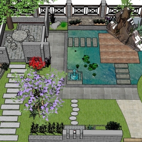 現代中式庭院景觀草圖大師模型，庭院景觀sketchup模型skp文件分享