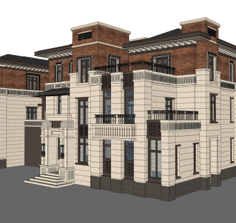 新古典连排别墅su模型下载，sketchup别墅草图大师模型