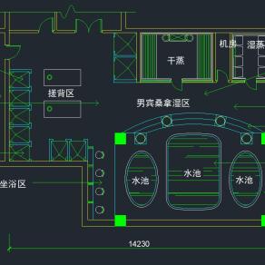 男宾桑拿湿区装修图，洗浴中心CAD施工图纸下载