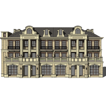 法式连排别墅su模型分享下载，sketchup别墅外观草图大师模型